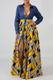 Red Fashion Casual Print Patchwork Turndown Collar Long Sleeve Dresses