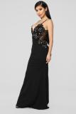 Black Polyester Sexy Fashion Spaghetti Strap Sleeveless Slip A-Line Floor-Length Patchwork Mesh lace persp