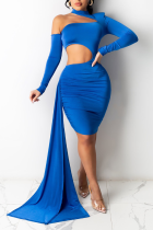 Blue Sexy Solid Split Joint Half A Turtleneck Asymmetrical Dresses