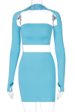 Blue Casual Solid Split Joint Half A Turtleneck Long Sleeve Two Pieces
