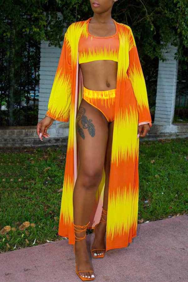 Yellow Fashion Sexy Print Cardigan Swimwears Three-piece Set