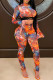 Tangerine Red Sexy Geometric Print Patchwork O Neck Long Sleeve Two Pieces