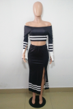 Black And White Sexy Patchwork High Opening Bateau Neck Long Sleeve Two Pieces