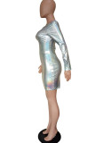 Silver Sexy Solid Patchwork O Neck Pencil Skirt Dresses