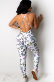 White Sexy Fashion Print Backless Milk. Sleeveless O Neck Jumpsuits