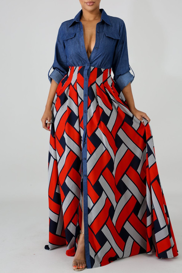 Red Fashion Casual Print Patchwork Turndown Collar Long Sleeve Dresses