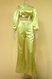 Yellow Street Solid Patchwork Backless Oblique Collar Long Sleeve Two Pieces