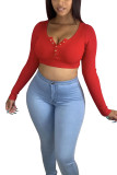 Red V Neck Long Sleeve Solid Button Tops