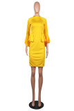 Yellow Fashion Sexy Long Sleeves O neck skirt Solid