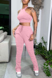 Pink Active Solid pencil Sleeveless Two Pieces