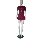 Wine Red Polyester O Neck Short Sleeve Split Letter Tees & T-shirts