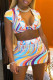 Colour Fashion Sexy Print Basic V Neck Short Sleeve Two Pieces