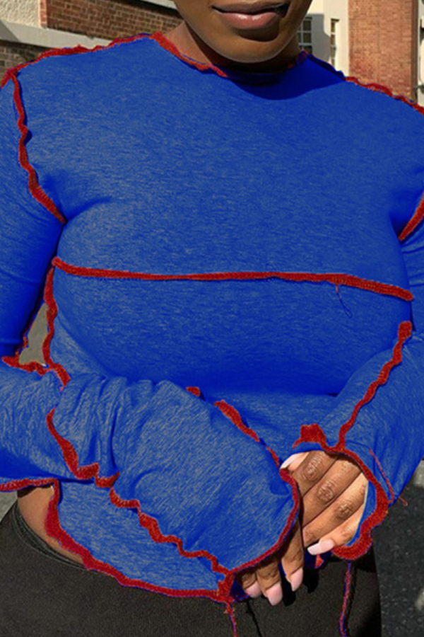 Blue Casual Solid Patchwork O Neck Tops