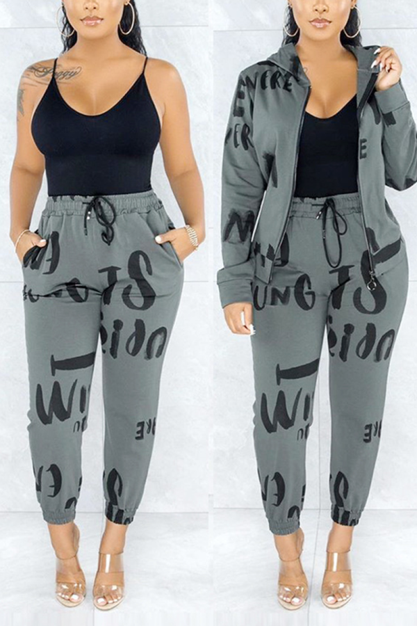Grey Casual Print Letter Hooded Collar Long Sleeve Two Pieces