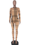 Gold Sexy Letter Plaid Print Zipper O Neck Regular Jumpsuits