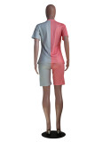 Pink Fashion Casual Letter Print Ripped Patchwork O Neck Short Sleeve Two Pieces