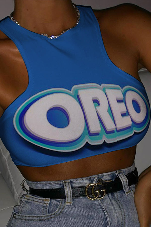 Blue O Neck Sleeveless Letter Print Character Tops