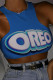 Blue O Neck Sleeveless Letter Print Character Tops