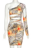 Yellow Street Print Hollowed Out Patchwork Oblique Collar Long Sleeve Mini Pencil Skirt Dresses