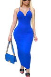 Blue Fashion adult Ma'am OL Spaghetti Strap Sleeveless V Neck Step Skirt Ankle-Length Solid Dresses