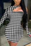 Black Sexy Print Patchwork Oblique Collar Wrapped Skirt Dresses