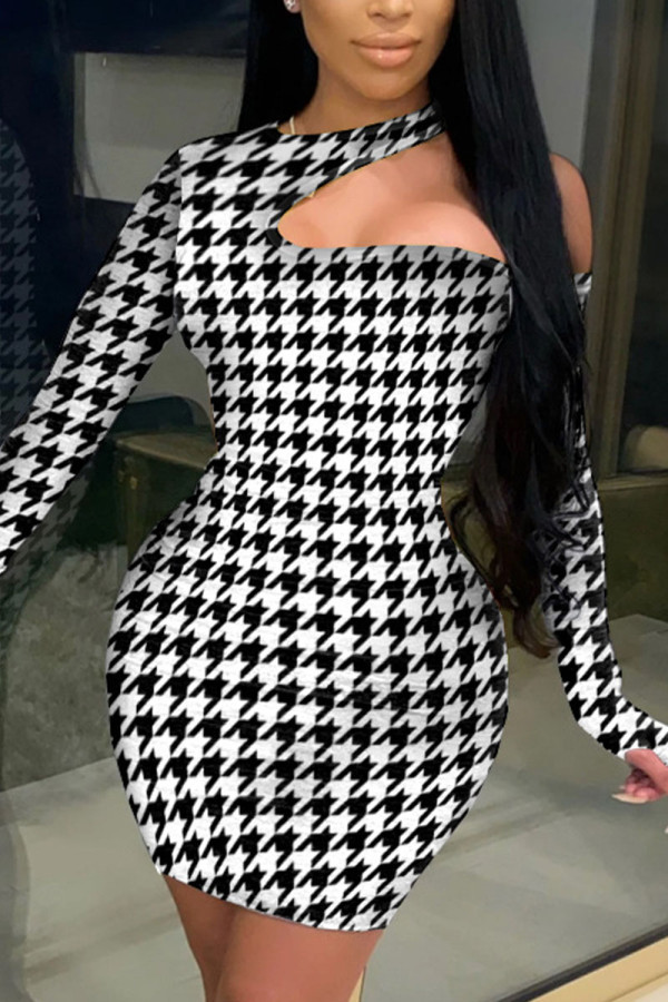 Black Sexy Print Patchwork Oblique Collar Wrapped Skirt Dresses