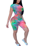 Green Polyester Fashion Casual adult Ma'am Tie Dye Two Piece Suits HOLLOWED OUT pencil Short Sleeve Two Pieces