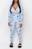 Blue Daily Print V Neck Skinny Jumpsuits