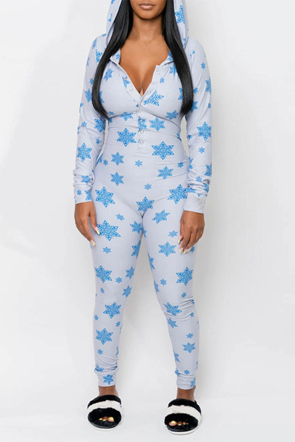 Blue Daily Print V Neck Skinny Jumpsuits