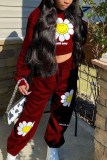 Coffee Casual Print Hooded Collar Long Sleeve Two Pieces