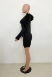 Black Fashion Sexy Solid Patchwork Hooded Collar Long Sleeve Dresses