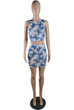 Blue Lace Sweet Animal Prints Print lace Hip skirt Sleeveless Two Pieces