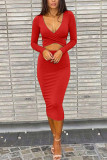 Red Sexy Solid Hollowed Out Split Joint V Neck Wrapped Skirt Dresses