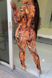 Tangerine Red Sexy Print Split Joint Zipper Collar Skinny Jumpsuits