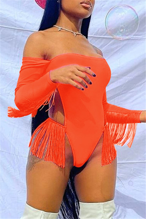 Orange Fashion Sexy Solid Tassel Hollowed Out Swimwears