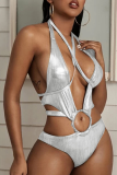 Silver Sexy Solid Patchwork Swimwears