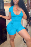 Black Fashion Sexy Patchwork bandage Solid Short Sleeve V Neck Rompers