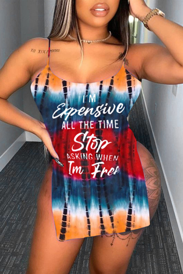 Multicolor Fashion Sexy Backless Slit Spaghetti Strap Sleeveless Dress