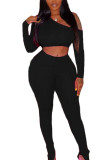 Black Sexy Europe and America Solid Split Skinny Long Sleeve Two Pieces