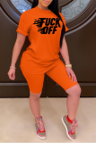 Tangerine Red Sportswear Print Letter O Neck Short Sleeve Two Pieces