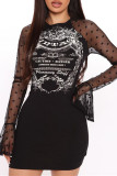 Black Fashion Sexy Print Split Joint O Neck Long Sleeve Dresses