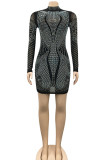 Black Sexy Geometric Patchwork See-through Hot Drill O Neck Pencil Skirt Dresses