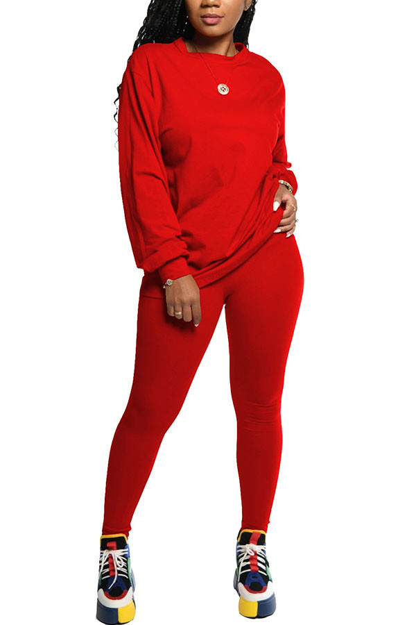 Red Fashion Active adult Ma'am Solid Two Piece Suits pencil Long Sleeve Two Pieces