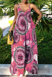 Yellow Sexy Print Patchwork Spaghetti Strap Loose Jumpsuits