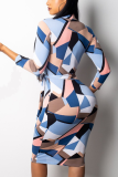 Colour Casual Print Split Joint Turndown Collar Wrapped Skirt Dresses
