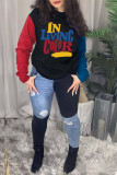 Black Casual Letter Print Patchwork O Neck Tops