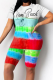 Blue Casual Patchwork Tie-dye O Neck Short Sleeve Two Pieces