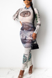 Grey Fashion Sexy adult Ma'am Cap Sleeve Long Sleeves O neck Step Skirt Ankle-Length Print Mesh Dresses