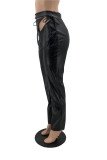 Black Sexy Solid Hollowed Out Skinny Mid Waist Straight Bottoms
