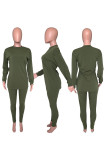 Green Fashion Daily Adult Solid Patchwork O Neck Long Sleeve Regular Sleeve Regular Two Pieces